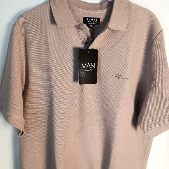 BoohooMAN Polo Shirt XL Light Tan Cotton Waffle Knit Embroidered Tipped NWT - Picture 5 of 6
